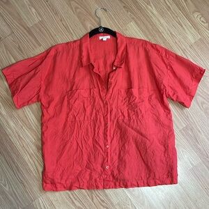 Red Organic Linen Eileen Fisher Button Up Shirt